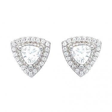 Sterling Silver CZ Rounded Edge Traingle Centre & Halo Stud Earrings 10x9mm