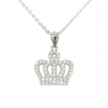 Sterling Silver CZ Royal Crown Necklace 14x15mm, 16-18" 