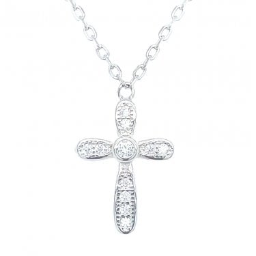 Sterling Silver CZ Rubover Cross with Rubover CZ Centre Necklace 15x11mm, 16-18"