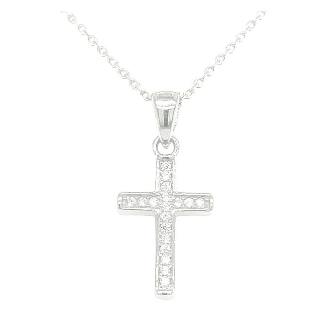 Faith Sterling Silver Sterling Silver CZ Rubover Edge Cross Necklace 23x18mm, 16-18