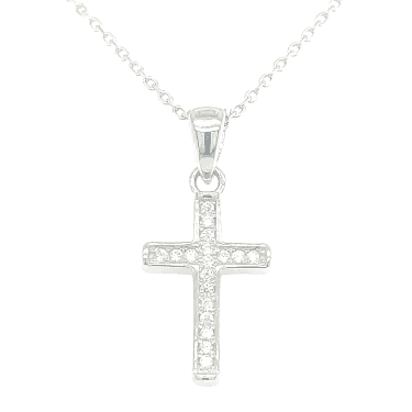 Sterling Silver CZ Rubover Edge Cross Necklace 23x18mm, 16-18"