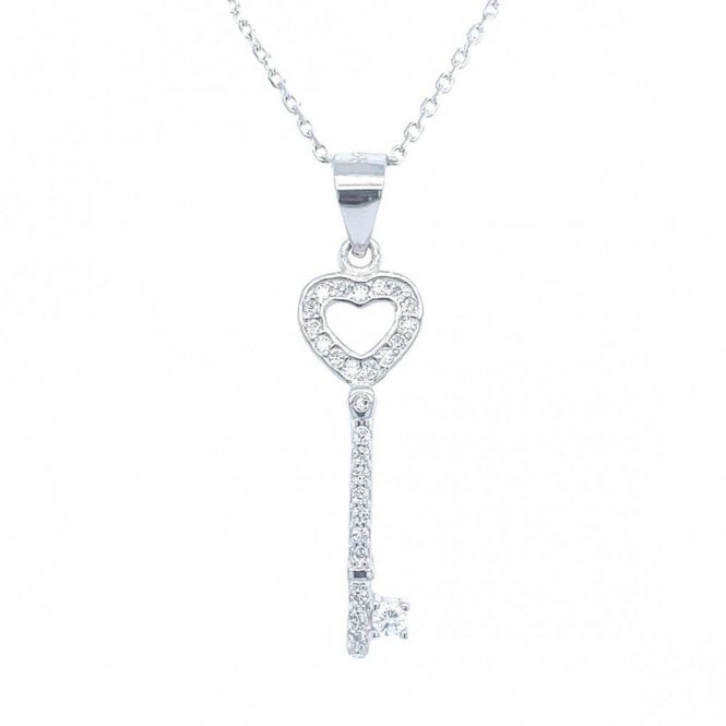 Faith Sterling Silver Sterling Silver CZ Rubover Heart Shaped Top Key Necklace 24x8mm, 16-18