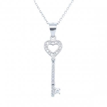 Sterling Silver CZ Rubover Heart Shaped Top Key Necklace 24x8mm, 16-18"
