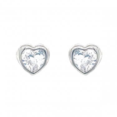 Sterling Silver CZ Rubover Heart Stud Earrings 6x6mm