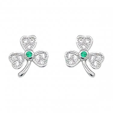 Sterling Silver CZ Shamrock Stud Earrings 9x9mm