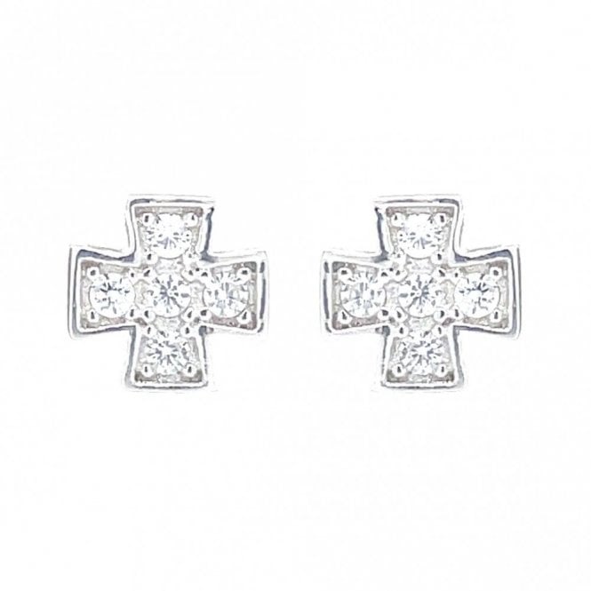 Faith Sterling Silver Sterling Silver CZ Small Cross Rubover Stud Earrings 7x7mm