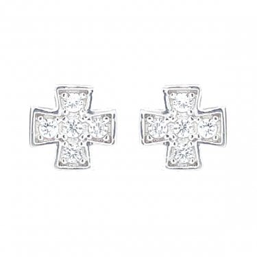Sterling Silver CZ Small Cross Rubover Stud Earrings 7x7mm