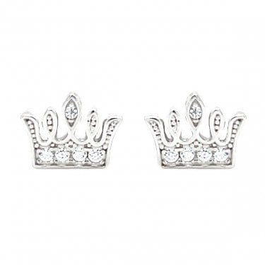 Sterling Silver CZ Small Crown Stud Earrings 6x8mm