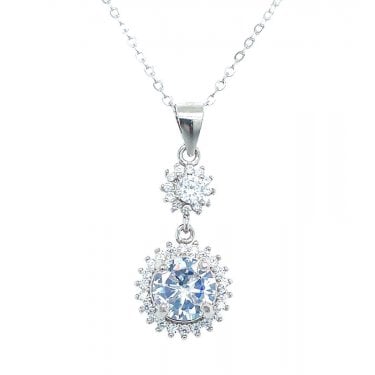 Sterling Silver CZ Small Round Halo with Large Round Halo Drop Necklace 19x11mm, 16-18"