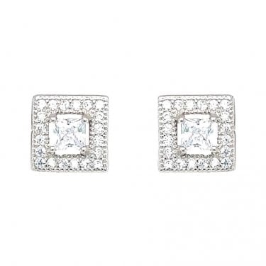 Sterling Silver CZ Square Centre with Beaded Edge Vintage Halo Stud Earrings 7x7mm