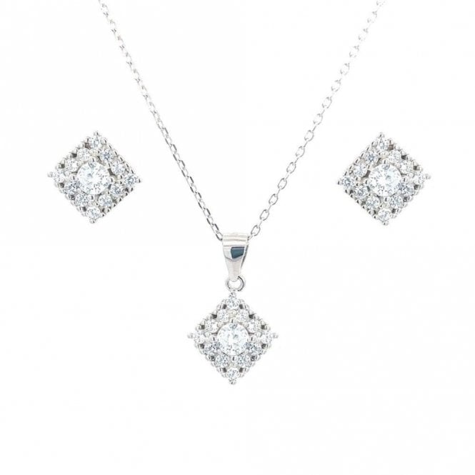 Faith Sterling Silver Sterling Silver CZ Square Claw Set Necklace & Earrings Set 9x9mm, 16-18