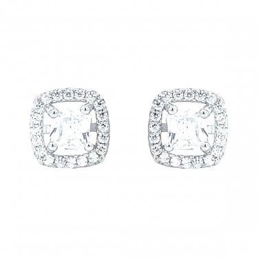 Sterling Silver CZ Square Halo Stud Earrings 8x8mm