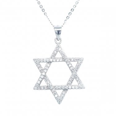 Sterling Silver CZ Star of David Outline Necklace 25x21mm, 16-18"