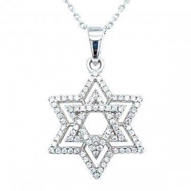 Sterling Silver CZ Star of David with Floating Halo Outline Necklace 18x16mm, 16-18"