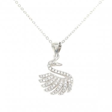 Sterling Silver CZ Swan Necklace 14mm, 16-18" 
