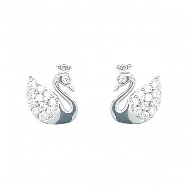 Sterling Silver CZ Swan Stud Earrings 9x8mm