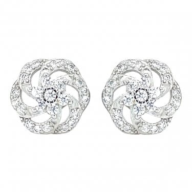 Sterling Silver CZ Swirl Circle Stud Earrings 10x10mm