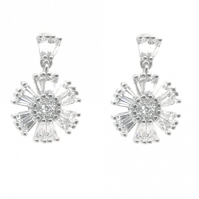 Faith Sterling Silver Sterling Silver CZ Tapered Baguette Stud with 6 Petal Double Baguettes Flower 12x16mm Stud Earrings