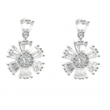 Sterling Silver CZ Tapered Baguette Stud with 6 Petal Double Baguettes Flower 12x16mm Stud Earrings