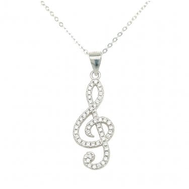 Sterling Silver CZ Treble Clef Music Note Necklace 22x11mm, 16-18" 