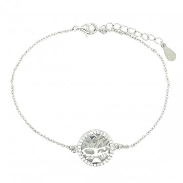 Sterling Silver CZ Tree of Life Outline on Fine Extendable Bracelet 17+4cm