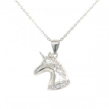 Sterling Silver CZ Unicorn Necklace 17x14mm, 16-18" 