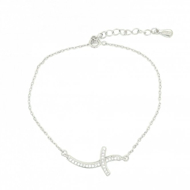 Faith Sterling Silver Sterling Silver CZ Wavy Sideways Cross in Fine Belcher Link Bracelet 16.5+4cm