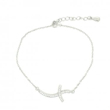 Sterling Silver CZ Wavy Sideways Cross in Fine Belcher Link Bracelet 16.5+4cm