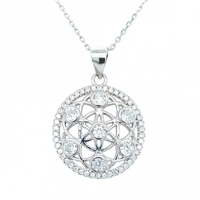 Faith Sterling Silver Sterling Silver CZ Wheel Centre with 7 Rubover Stones & CZ Surround Necklace 18x18mm, 16-18