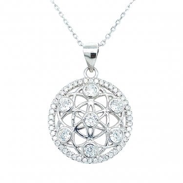 Sterling Silver CZ Wheel Centre with 7 Rubover Stones & CZ Surround Necklace 18x18mm, 16-18"