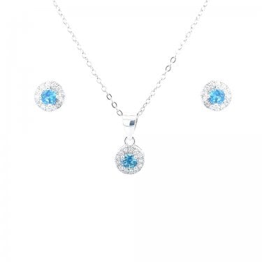 Sterling Silver December Birthstone CZ Halo Necklace & Earrings Set 7x7mm, 16-18"