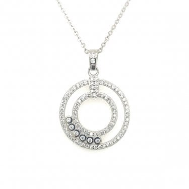 Sterling Silver Double Circle with CZ Beads Necklace 26x19mm, 16-18"