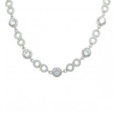 Sterling Silver Double CZ Circle Link with Single Round Halo Link Necklace 41cm + 3cm