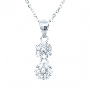Sterling Silver Double CZ Flower Drop Necklace 13x6mm, 16-18"