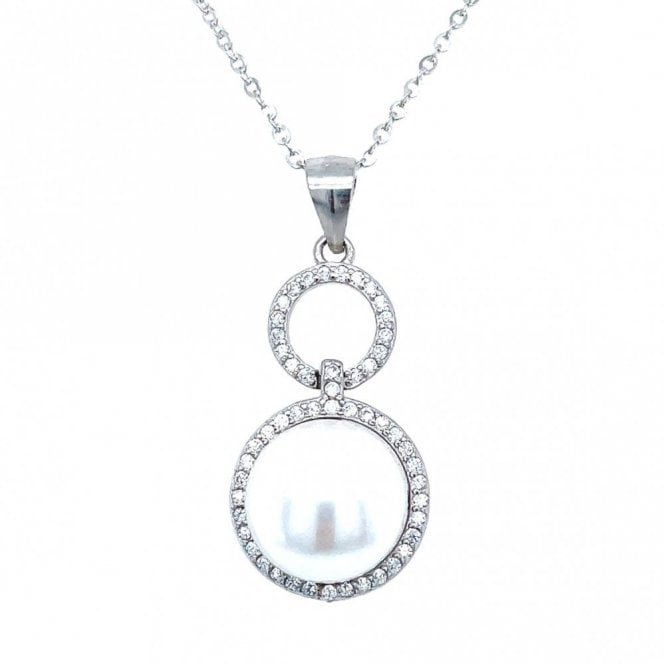 Faith Sterling Silver Sterling Silver Double CZ Open Circles with 1 Pearl Centre Necklace 22x19mm, 16-18