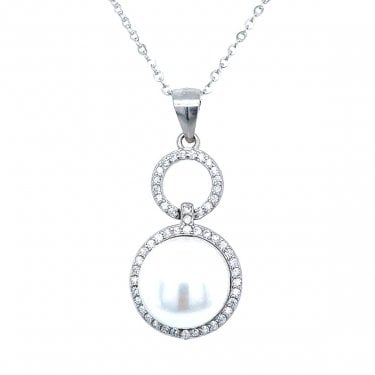 Sterling Silver Double CZ Open Circles with 1 Pearl Centre Necklace 22x19mm, 16-18"