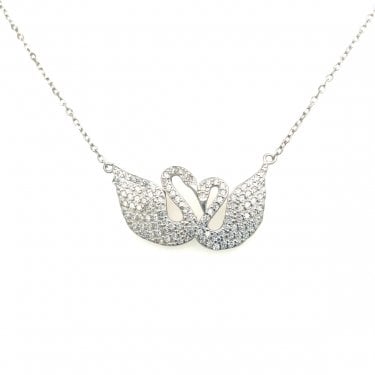 Sterling Silver Double CZ Swan Necklace 41cm + 3.5cm