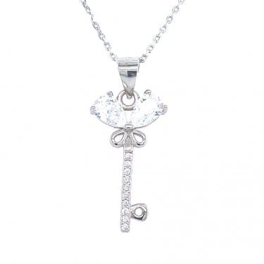 Sterling Silver Double Pear CZ Top Key Necklace 21x11mm, 16-18"