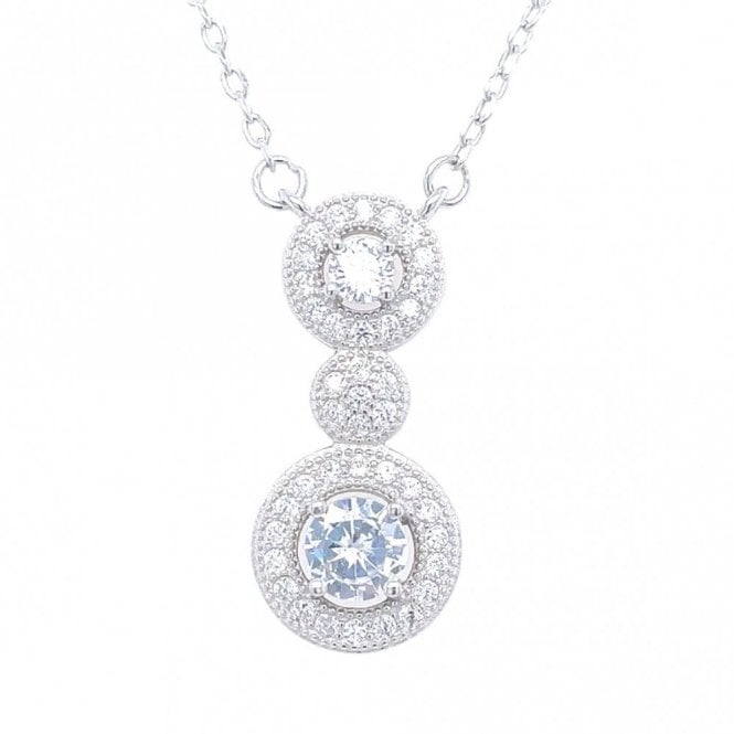 Faith Sterling Silver Sterling Silver Double Round Halo with Middle Cluster Drop Necklace 22x10mm, 16-18