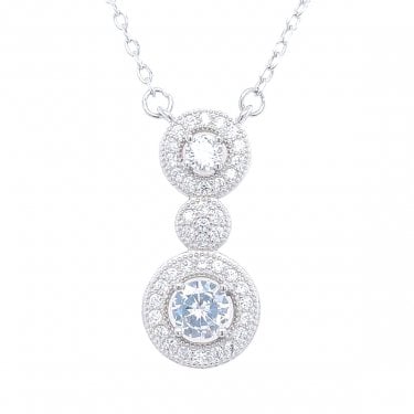 Sterling Silver Double Round Halo with Middle Cluster Drop Necklace 22x10mm, 16-18"