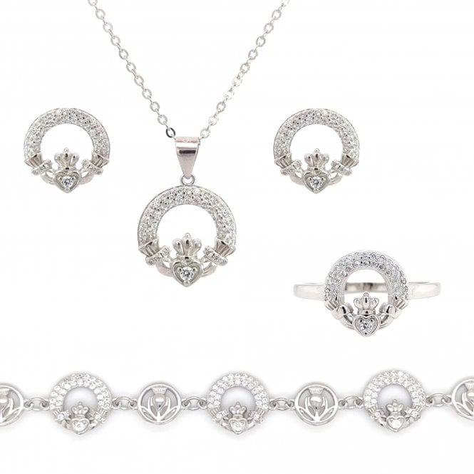 Faith Sterling Silver Sterling Silver Double Row CZ Claddagh Necklace, Earrings, Bracelet & Ring Set 1.5 x 1.5cm, 16-18