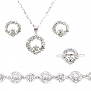 Sterling Silver Double Row CZ Claddagh Necklace, Earrings, Bracelet & Ring Set 1.5 x 1.5cm, 16-18", 1.2 x 1.2cm, 1cm, 17.5-21cm 