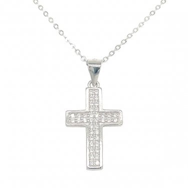 Sterling Silver Double Row CZ Cross Necklace 19x13mm, 16-18" 