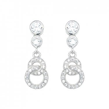 Sterling Silver Double Rubover Stone & CZ Circles Drop Earrings 24x8mm