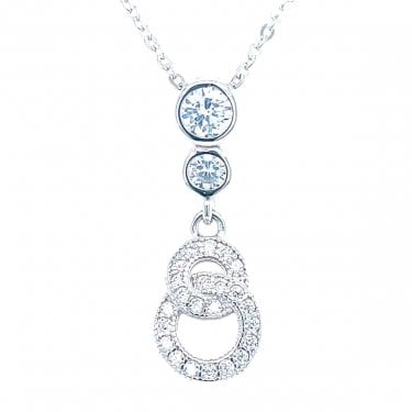Sterling Silver Double Rubover Stone & CZ Circles Drop Necklace 23x8mm, 16-18"