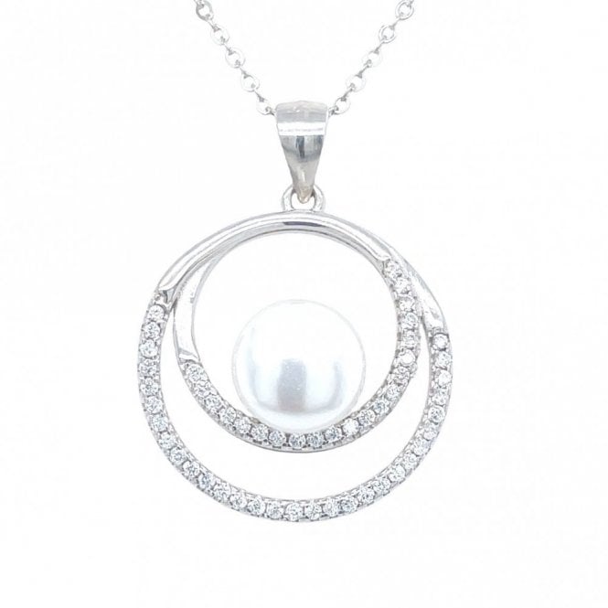 Faith Sterling Silver Sterling Silver Entwined CZ Circles with Single Pearl Necklace 20mm, 16-18