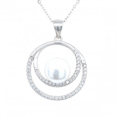 Sterling Silver Entwined CZ Circles with Single Pearl Necklace 20mm, 16-18"