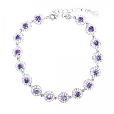 Sterling Silver February Birthstone CZ Halo Bracelet 7x7mm, 16.5+3.5cm