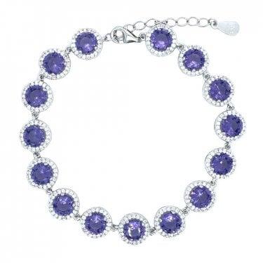 Sterling Silver February Birthstone CZ Halo Bracelet 9x9mm, 16.5+3cm