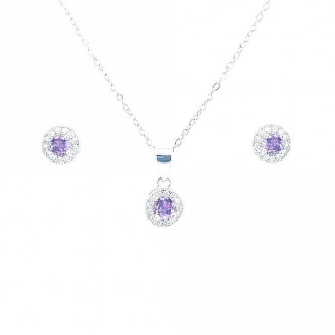Faith Sterling Silver Sterling Silver February Birthstone CZ Halo Necklace & Earrings Set 7x7mm, 16-18